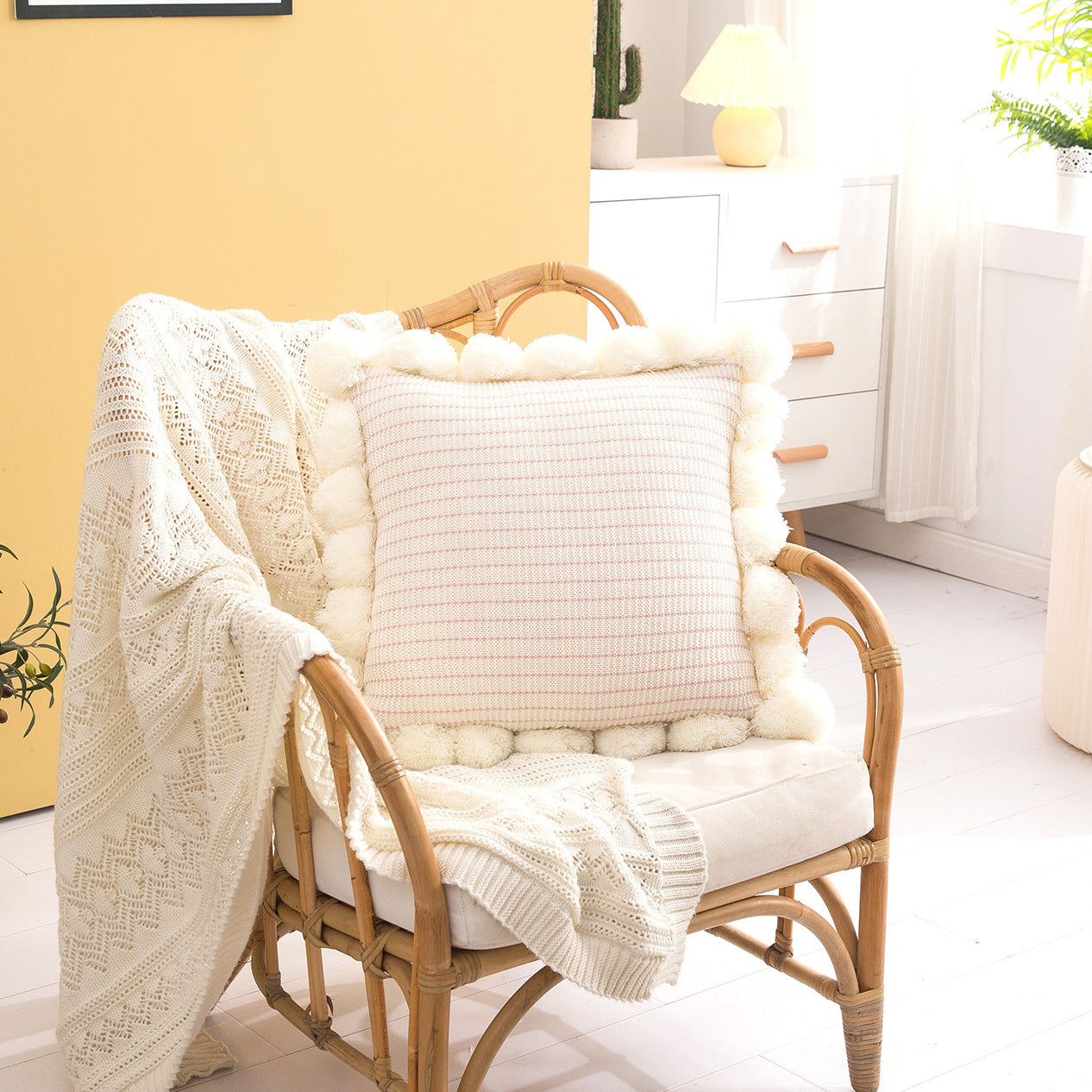 Vibrant Knit Lumbar & Back Pillows with Pom-Pom Trim - Polyester Case