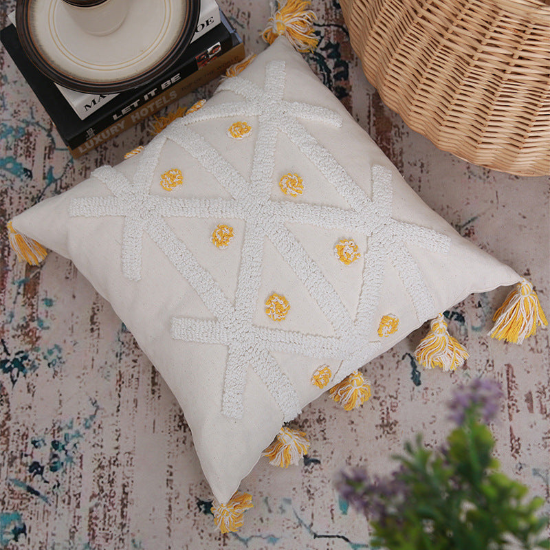 Embroidered Geometric Cotton-Linen Pillow Cover with Tufted Design
