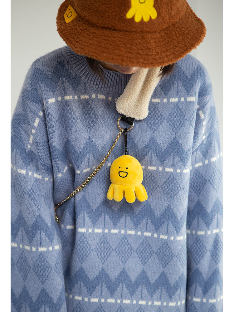 Cute Yellow Plush Octopus Keychain with Happy Face Design