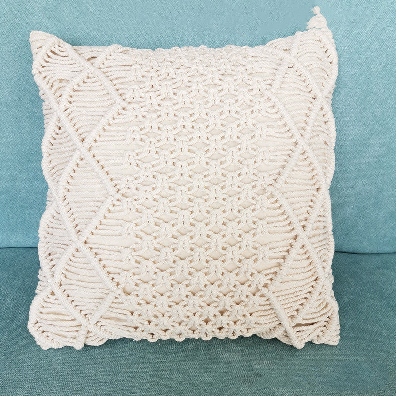 Beige Boho Moroccan Handmade Cotton Knit & Woven Pillow Covers