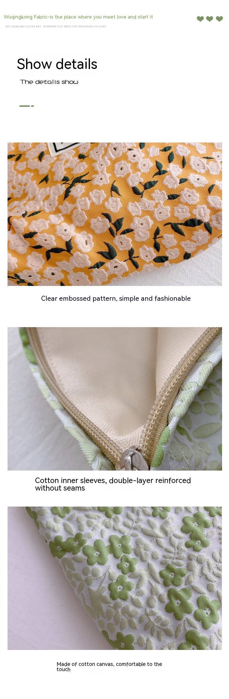 Square & Floral Cosmetic Bags with Zipper in Green & Orange Colour