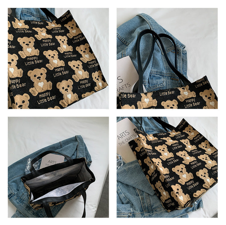 Cute Mini Canvas Tote Bag for Women with Small Teddy Bear Design