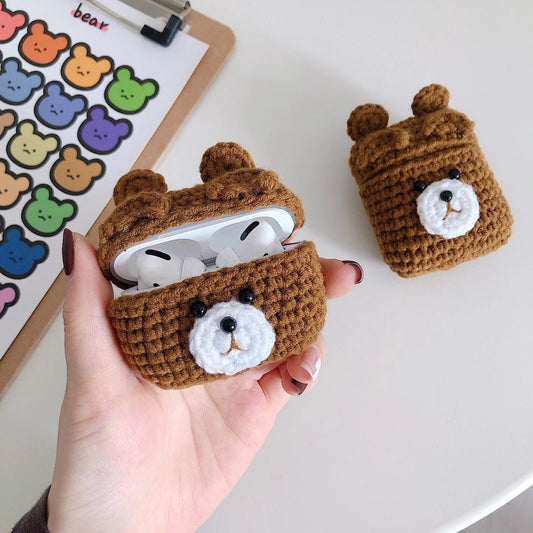 Cute Brown Teddy Bear AirPod Case with Crochet Design