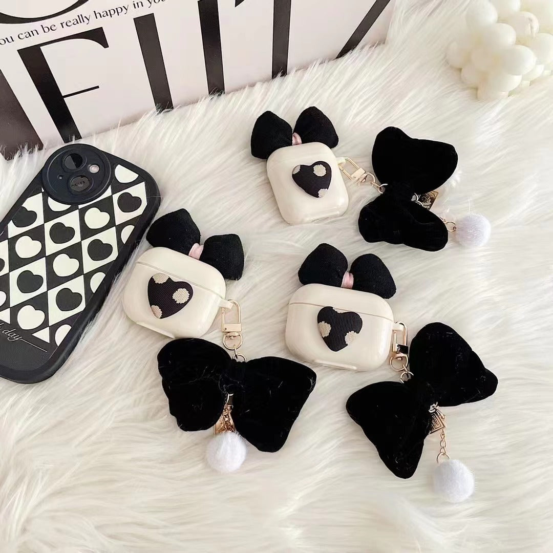Black Heart Airpod Case with Plush Bow & Pom Charm
