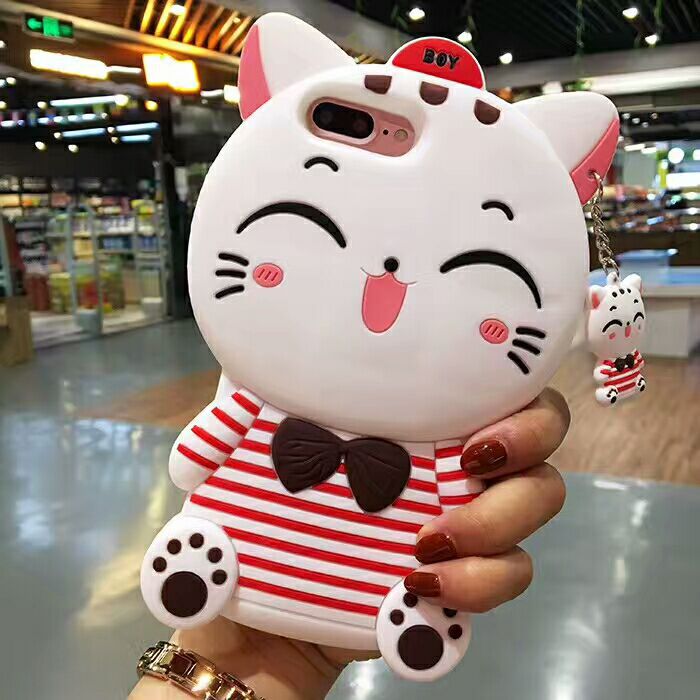 Cute Black & White Cat Silicone Phone Case – 3D Design with Charms