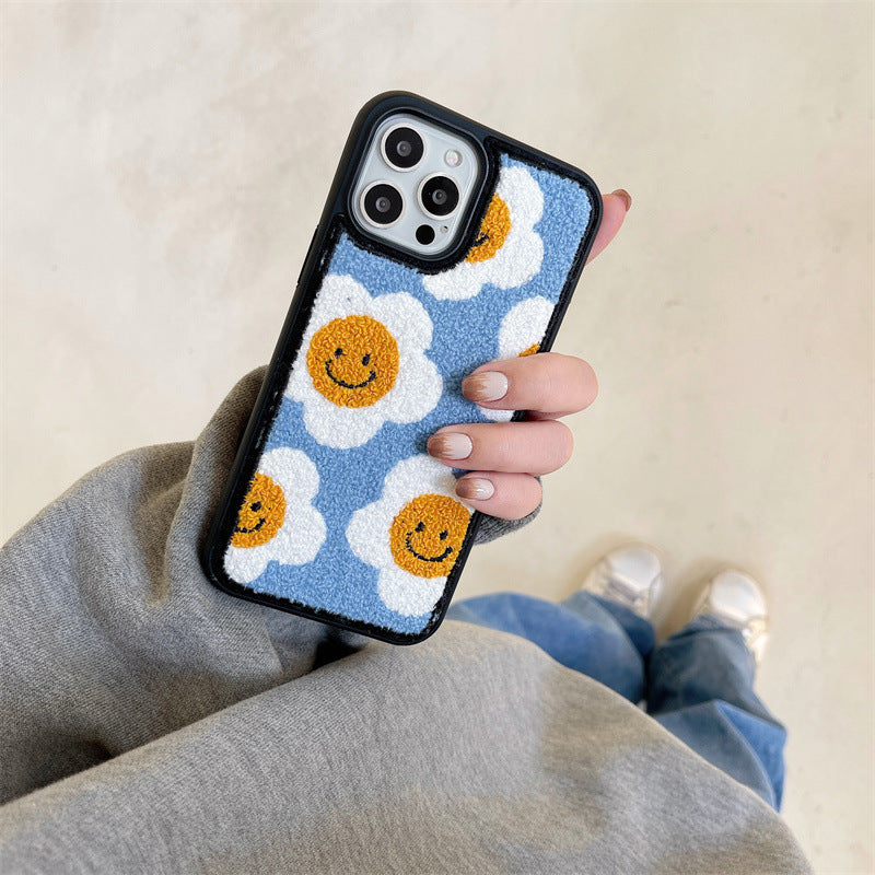 Blue Plush Smiling Flower iPhone Case – Embroidered & Soft
