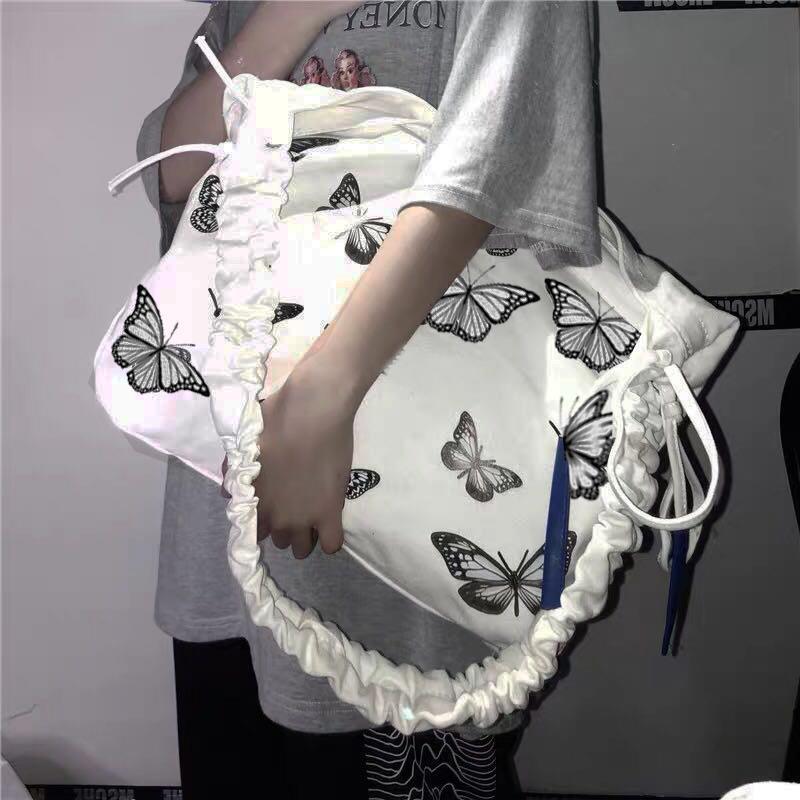 Women's Butterfly Tote Bag | Large White Canvas Tote Bag in Crossbody Style
