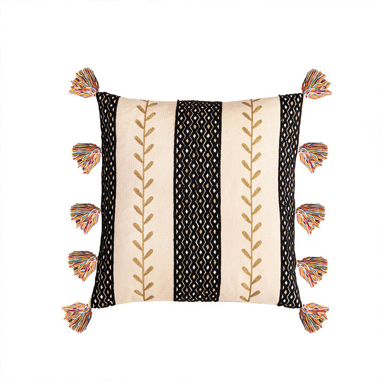 Bohemian Cotton Moroccan Pillow Cover with Fringe Tassels - Beige & Black