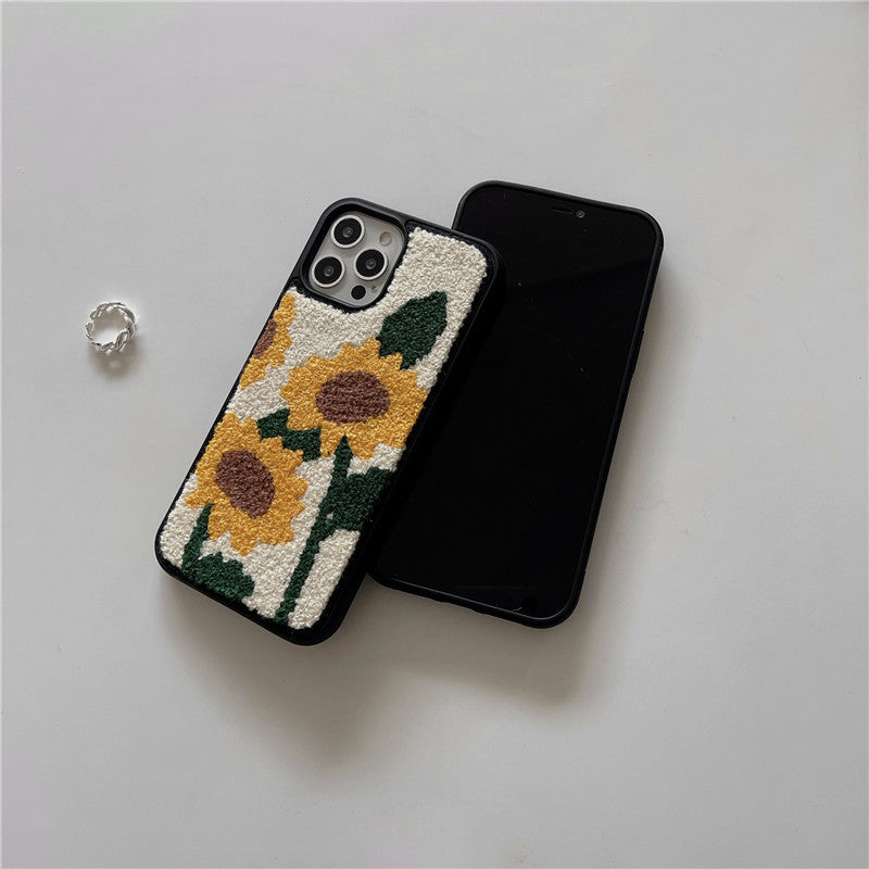 Beige Plush Sunflower Phone Case for iPhone 13 and 14
