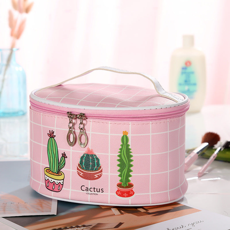 Colorful Plaid Oval Top Makeup Bags with Cactus Embroidery Design