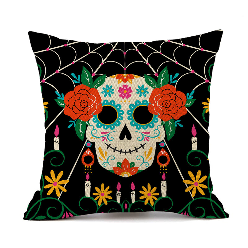 Decorative Skull & Floral Black Linen Printed Halloween Pillow Covers
