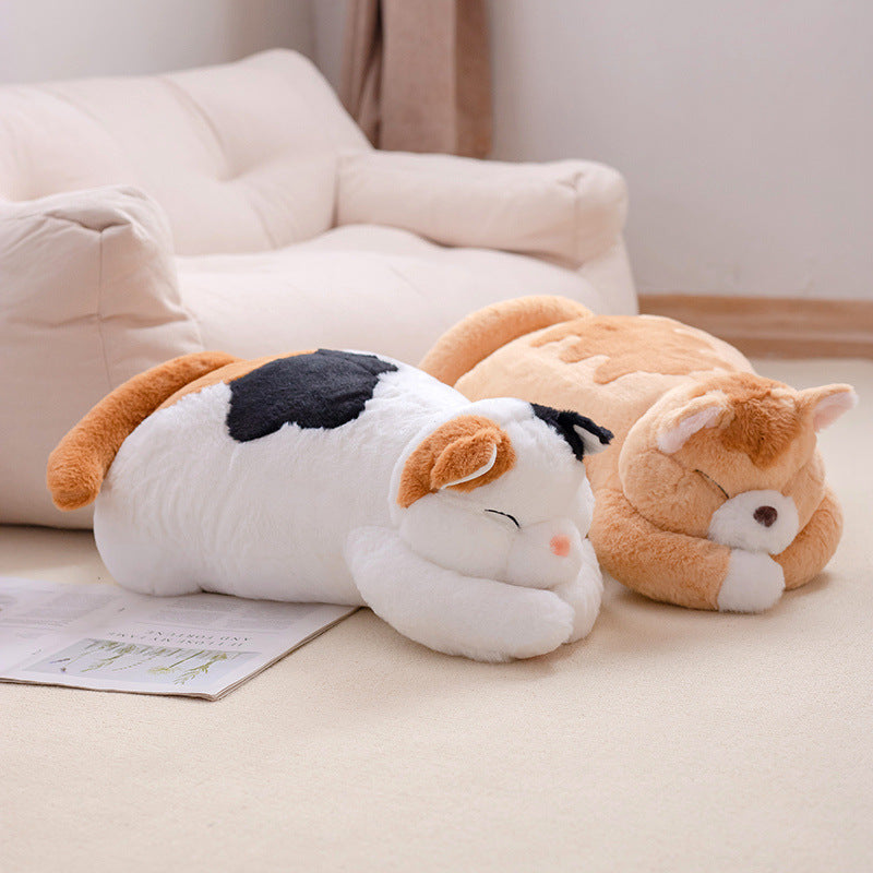 Large Sleeping Cat Plush Toy in Calico and Orange Stuffed Cats Pillow Design