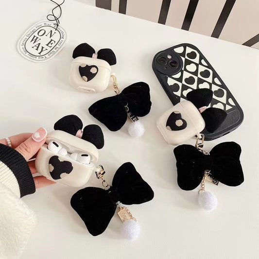 Black Heart Airpod Case with Plush Bow & Pom Charm