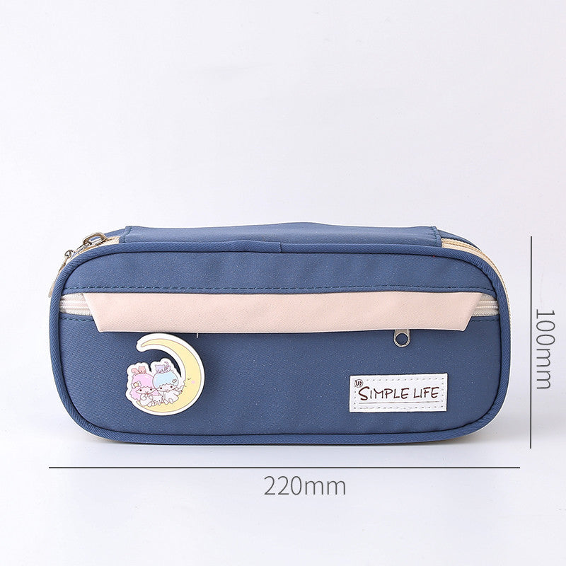 Large Capacity Canvas Zipper Pencil Case with Cute Character Patches
