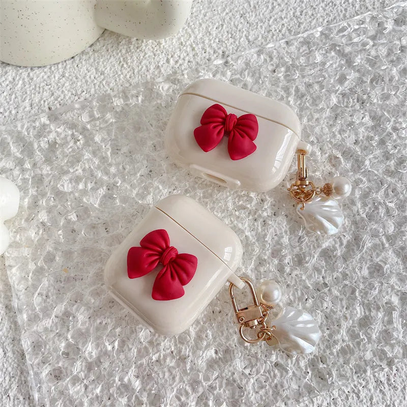 3D Red Bow AirPod Case with Pearl & Shell Charm