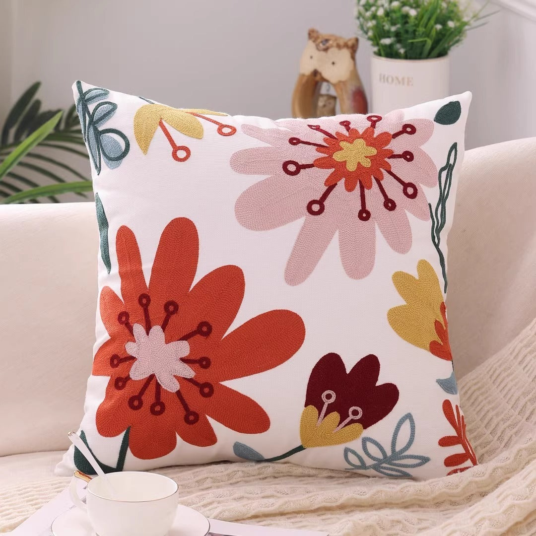 Embroidered Flower Pillow Case Covers for Couch & Bedroom - Colorful Floral Patterns
