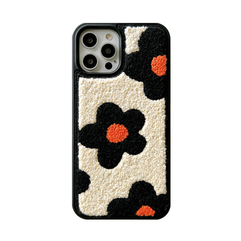 Beige and Black Plush Flower iPhone Case – Soft & Cozy Fuzzy Design