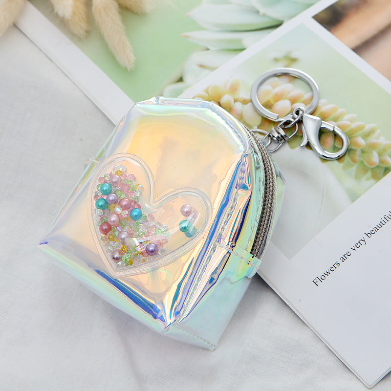 Cute Holographic Heart Coin Purse Keychain with Colorful Glitter & Zipper Design