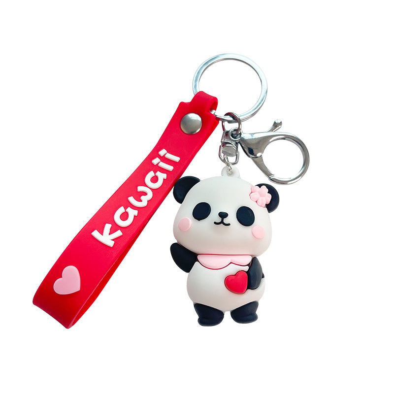 Cute Rubber Panda Keychains with Colorful “Kawaii” Straps & Hearts