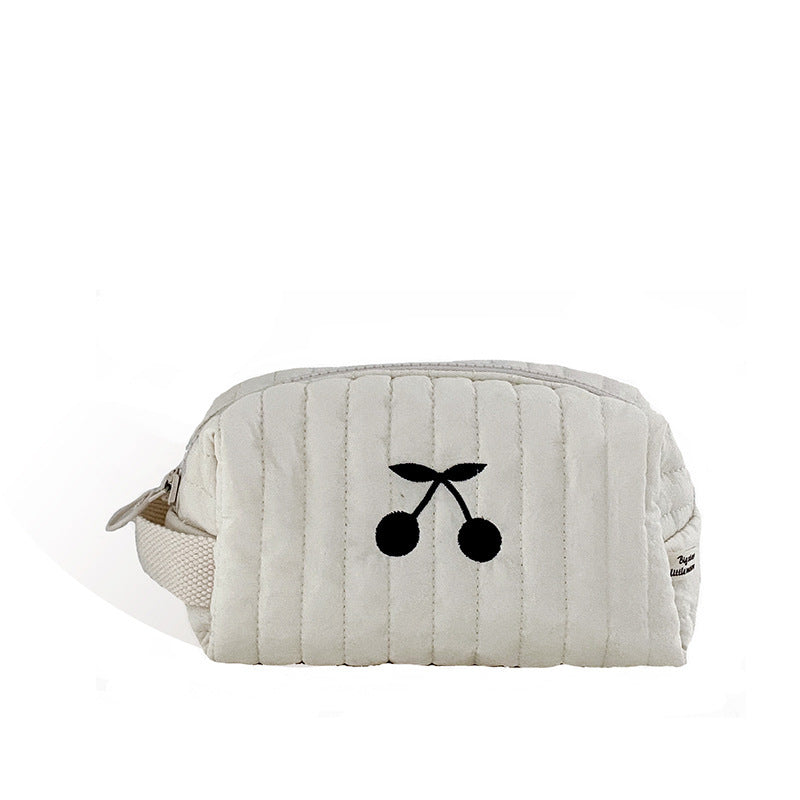 Quilted Cotton Makeup Bag with Cherry Embroidery & Zipper