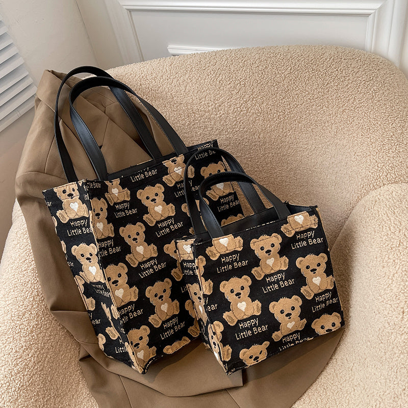 Cute Mini Canvas Tote Bag for Women with Small Teddy Bear Design