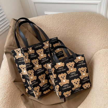 Cute Mini Canvas Tote Bag for Women with Small Teddy Bear Design