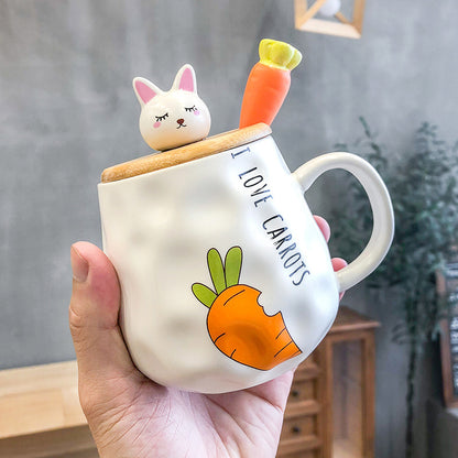 Cute Rabbit Bone China Mug with Lid – Fun Carrot Design