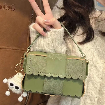 Cute Knitted Shoulder Bags for Women with Fun Charm & Patchwork