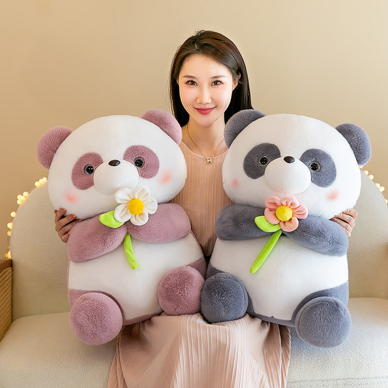 Giant Panda Plush Toys Holding Flowers in Pink & Gray Variants