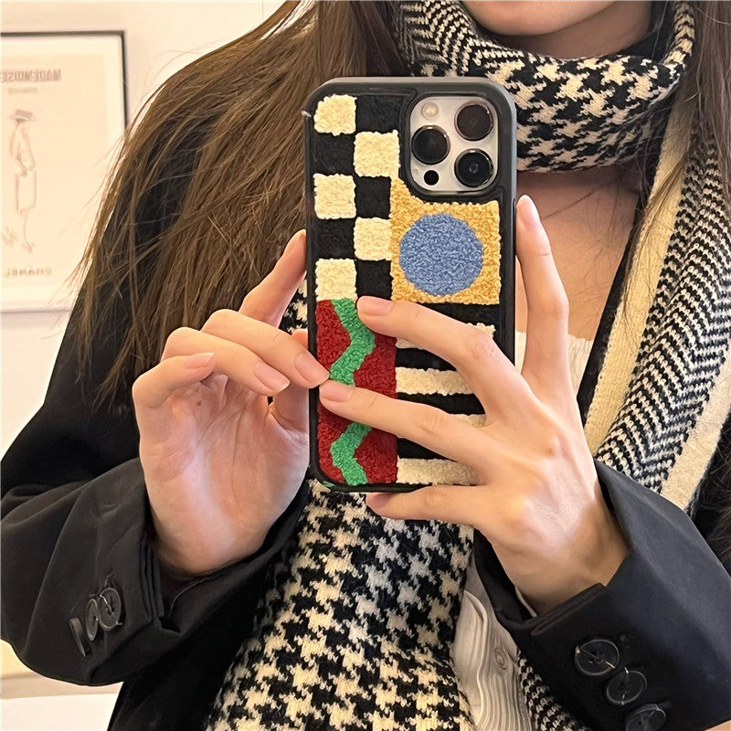 Plush Geometric Checkerboard Phone Case in Colorful Textured Design