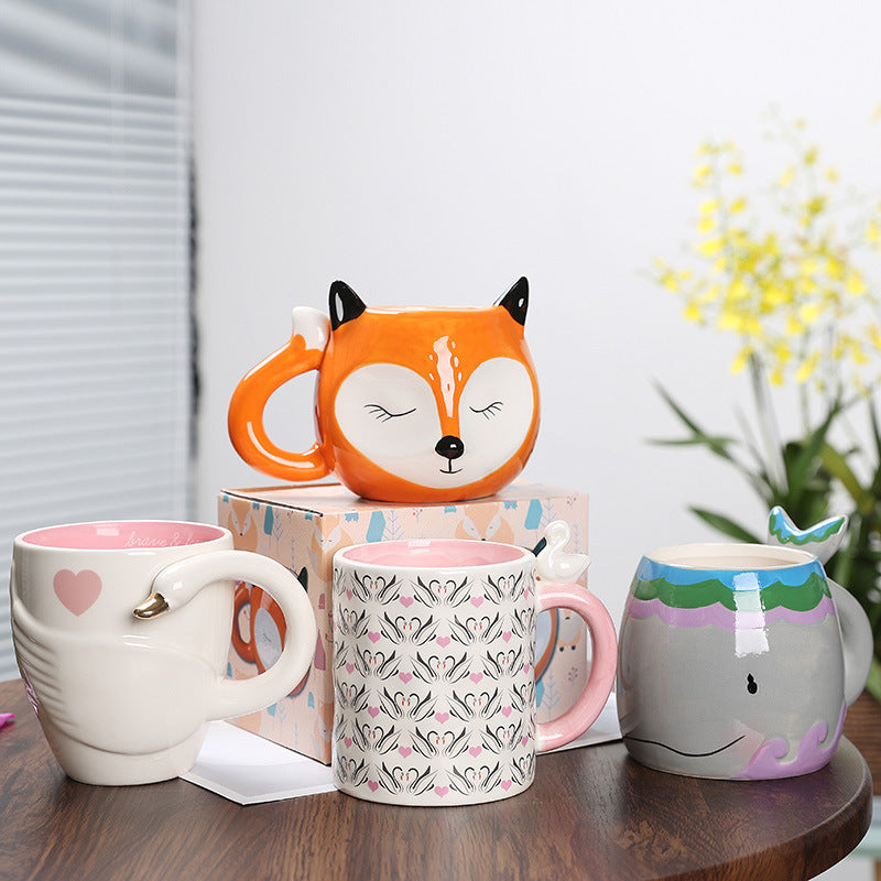 Creative Ceramic Animal Mugs: Fox, Whale, and Swan Patterned