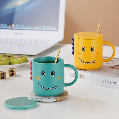 Cute Dinosaur Ceramic Coffee Mugs with Lids – Green , Pink & Yellow Color