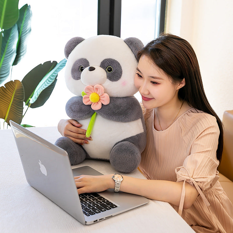 Giant Panda Plush Toys Holding Flowers in Pink & Gray Variants