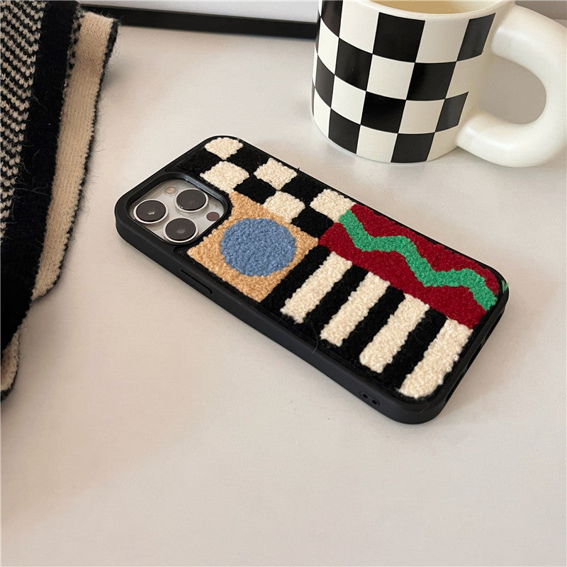 Plush Geometric Checkerboard Phone Case in Colorful Textured Design