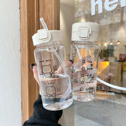 Adorable Transparent Sippy Water Bottles with Straw – Cute Cartoon Design