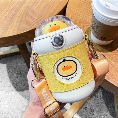 Cute Dome 3D Animal Cap Crossbody Water Bottle with Flip Top & Push Button Straw