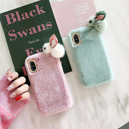 Soft Bunny Plush Phone Case – Pink & Green Fluffy Design