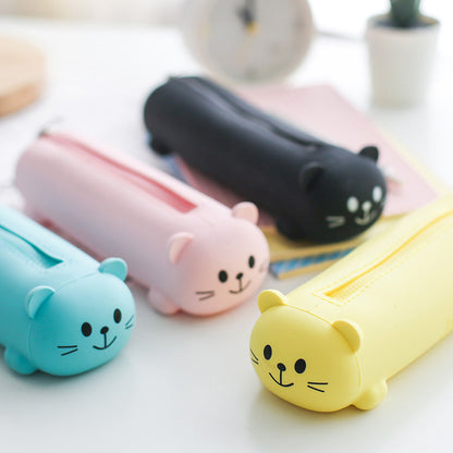 Small Cat-Shaped Silicone Pencil Case with Zipper in Bright Colors