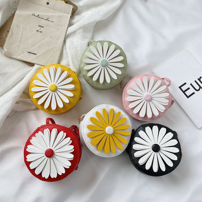 Daisy Flower Round Leather Coin Purse with Strap for Kids