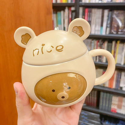 Cute Bear Ceramic Mug with Lid - Brown and Yellow Variants