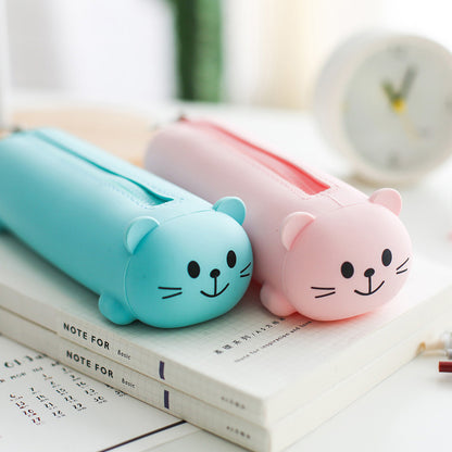 Small Cat-Shaped Silicone Pencil Case with Zipper in Bright Colors