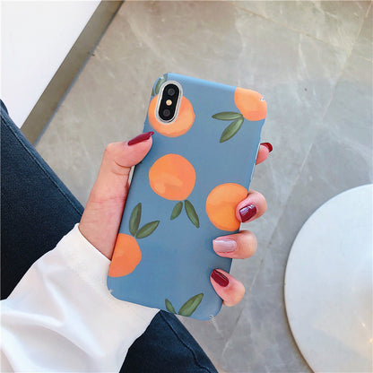 Retro Orange Phone Case with Bright Blue Background & Fruit Pattern