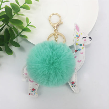 Cute Alpaca Keychain with Fur Ball & Colorful Floral Design