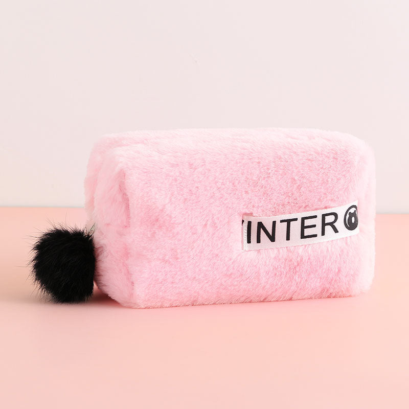 Cute Pink & Black Plush Zipper Makeup Bags with Pom-Pom Accent