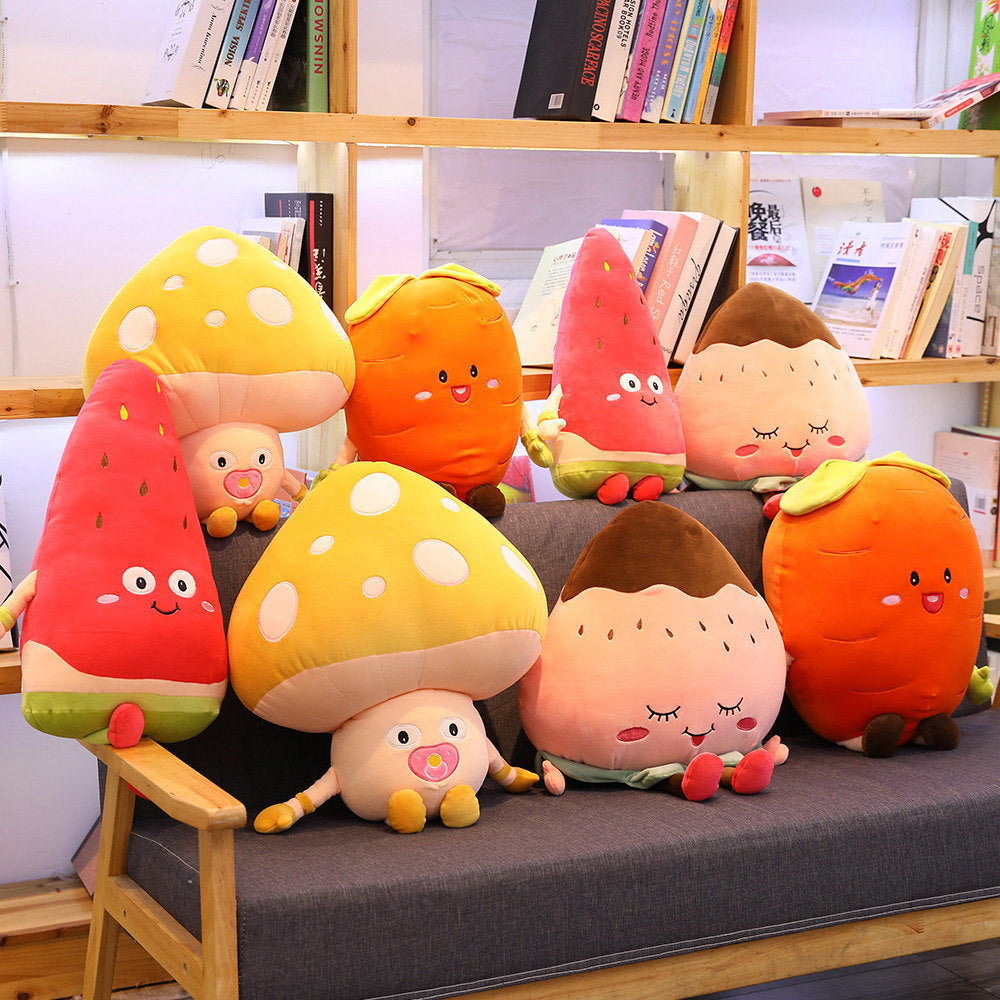 Large Fruit & Mushroom Plush Toy Set Featuring Watermelon, Orange & More