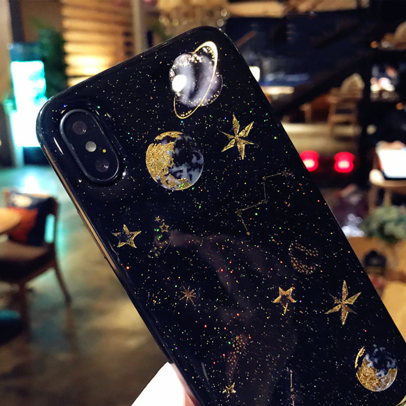 Black & White Phone Case with Planet & Glitter Stars Design