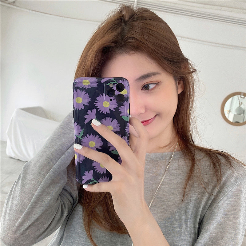 Purple Daisy Korean Phone Case with Floral Pattern & Glossy Finish