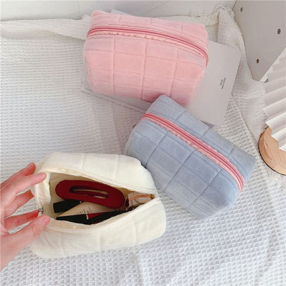 Plush Checkered Travel Makeup Bag in Pink, Blue, and White Color