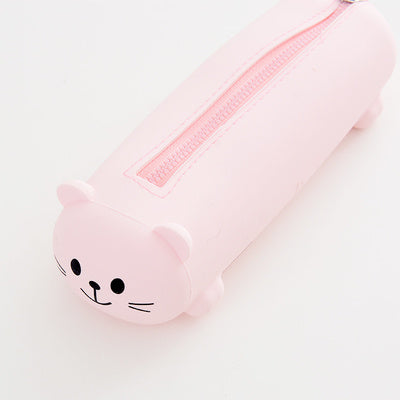 Small Cat-Shaped Silicone Pencil Case with Zipper in Bright Colors