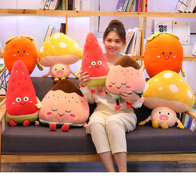 Large Fruit & Mushroom Plush Toy Set Featuring Watermelon, Orange & More